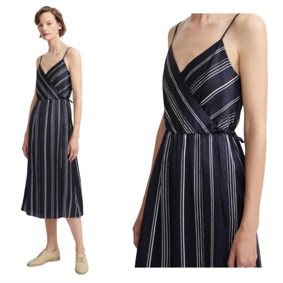 Theory Dresses & Skirts - Theory || Hammered Silk Stripe Spaghetti Wrap Dress Midi Navy‎ 4